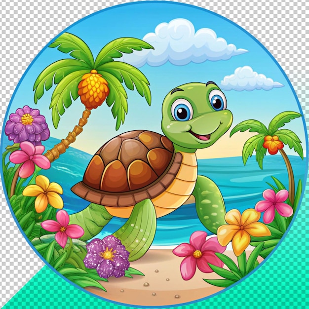 turtle in ocean scene with palm tree on transperent background