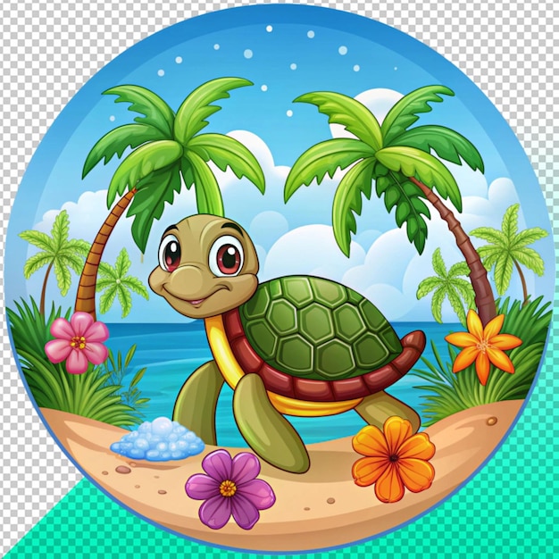 turtle in ocean scene with palm tree on transperent background