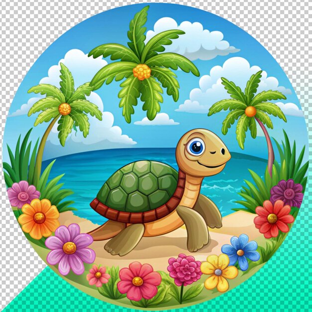 turtle in ocean scene with palm tree on transperent background