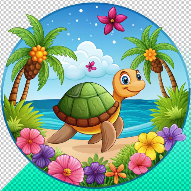 turtle in ocean scene with palm tree on transperent background