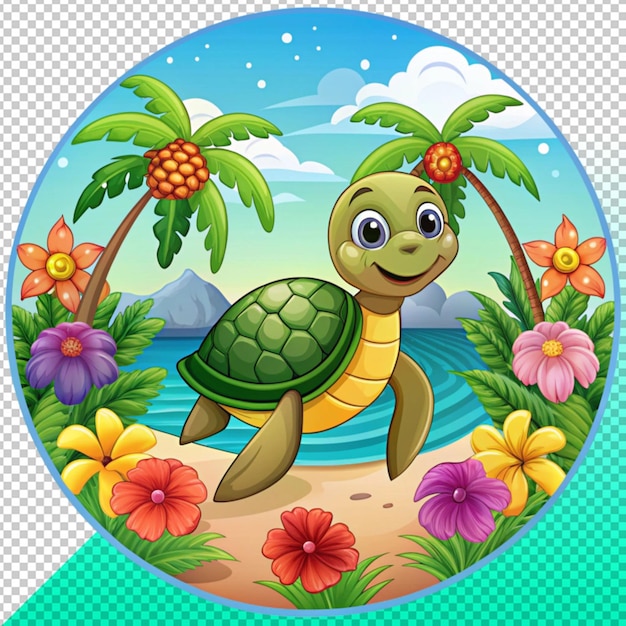 turtle in ocean scene with palm tree on transperent background