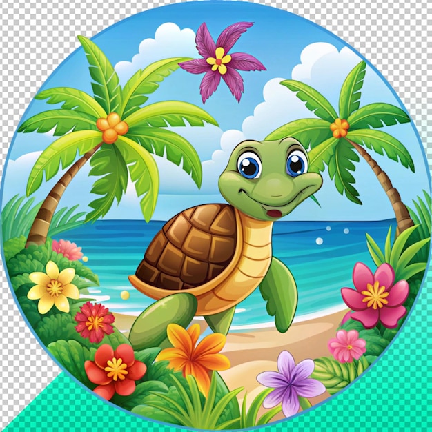 turtle in ocean scene with palm tree on transperent background