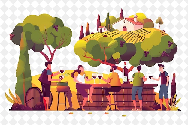 PSD tuscan vineyard with characters having a wine tasting design people life style flat illustration