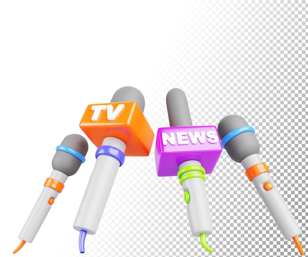 PSD tv news microphones ready for press conference interview with journalists communication with media 3d render icon set reporter mics isolated on white background cartoon banner