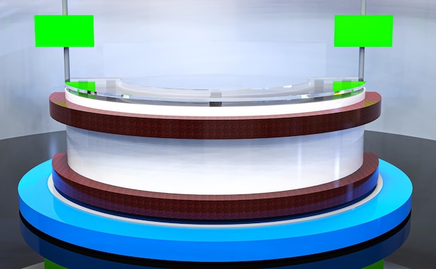 Tv news studio, television broadcast room interior 4 with round table and earth globe on screen