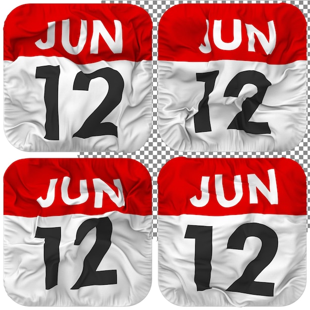 Twelfth 12th June Date Calendar Icon Isolated Four Waving Style Bump Texture 3D Rendering