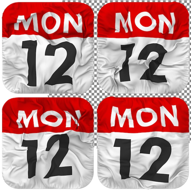 Twelfth 12th Monday Date Calendar Icon Isolated Four Waving Style Bump Texture 3D Rendering