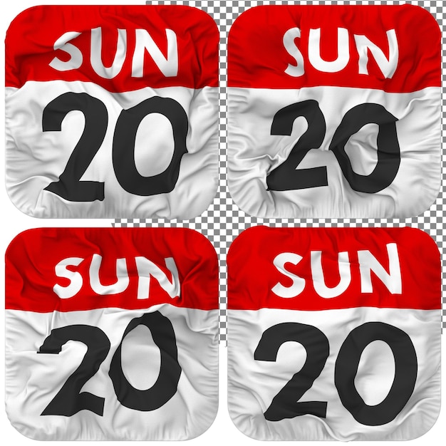 Twentieth 20th Sunday Date Calendar Icon Isolated Four Waving Style Bump Texture 3D Rendering