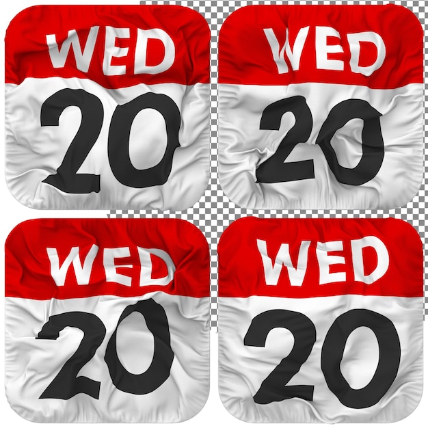 Twentieth 20th Wednesday Date Calendar Icon Isolated Four Waving Style Bump Texture 3D Rendering