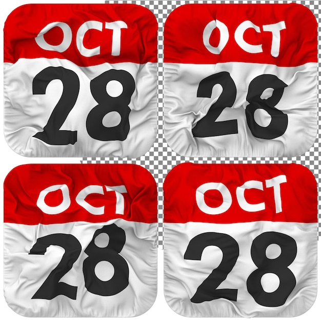 Twenty Eighth 28th October Date Calendar Icon Isolated Four Waving Style Bump Texture 3D Rendering