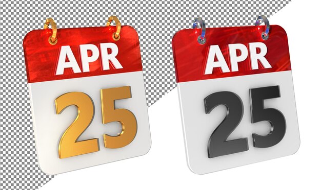 Twenty Fifth 25th April Date 3D Icon Isolated Gold amp Glossy 3D Rendering