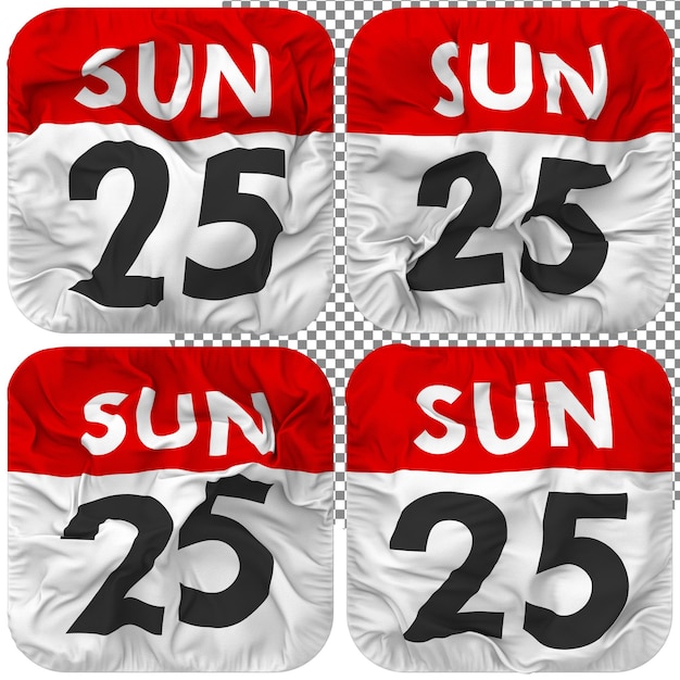 Twenty Fifth 25th Sunday Date Calendar Icon Isolated Four Waving Style Bump Texture 3D Rendering