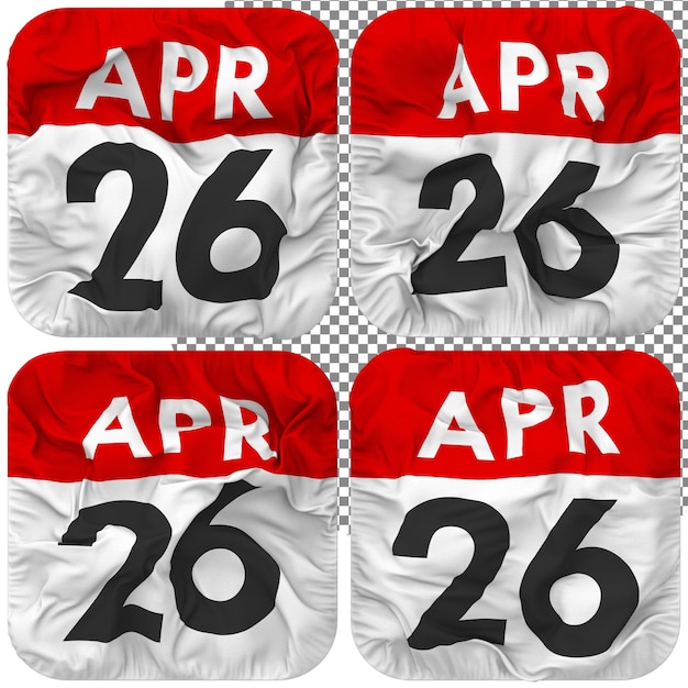 PSD twenty sixth 26th april date calendar icon isolated four waving style bump texture 3d rendering