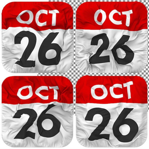 Twenty Sixth 26th October Date Calendar Icon Isolated Four Waving Style Bump Texture 3D Rendering