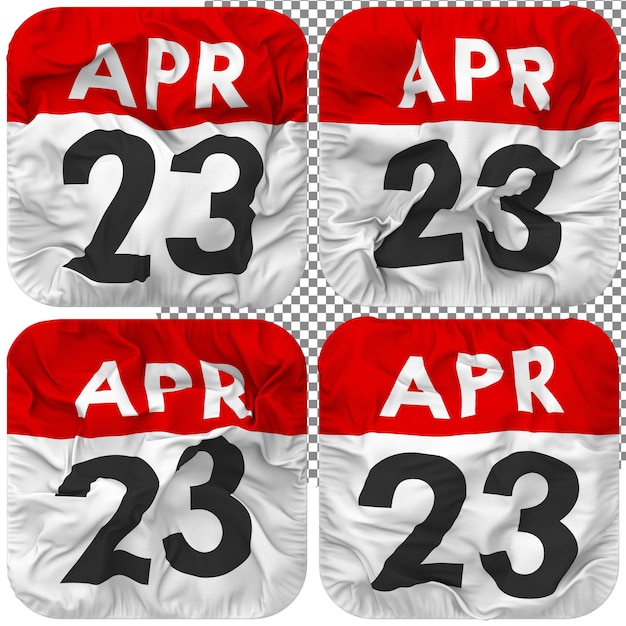 Twenty Third 23rd April Date Calendar Icon Isolated Four Waving Style Bump Texture 3D Rendering