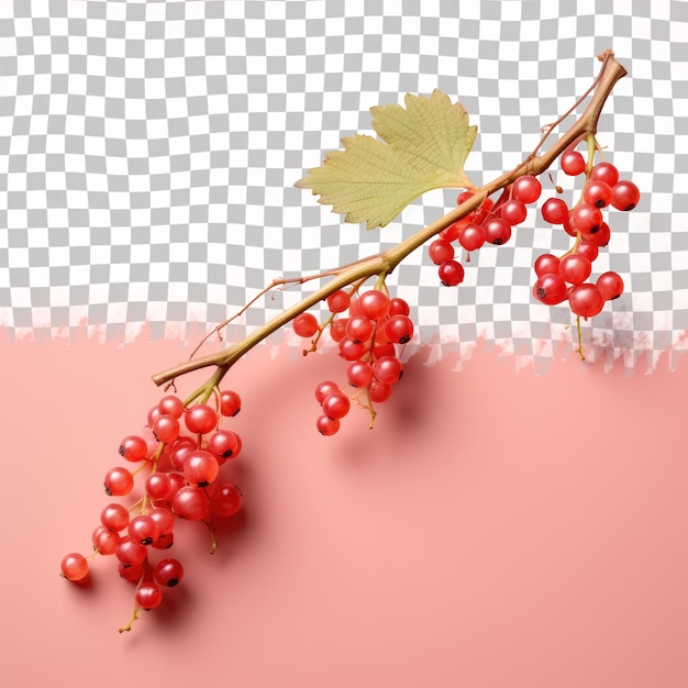 Twig with red currants and green leaf seedless fruit on transparent background