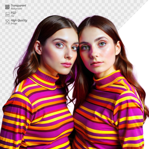 PSD twin sisters wearing colorful striped shirts on transparent background