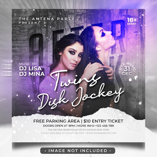 Twins dj party flyer and square banner social media template