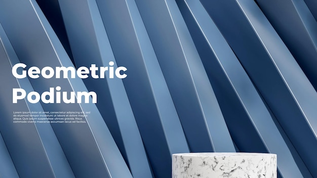 Twisted blue geometrical shape 3d rendering mockup scene of white marble texture podium in landscape