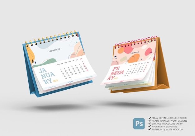 Two 2023 spiral desk calendars mockup floating on a neutral background in 3D rendering