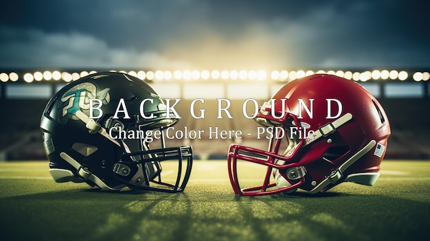 two American football helmets facing each other on football stadium with lights