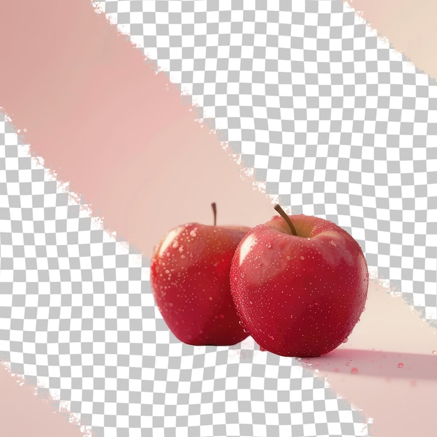 two apples are on a pink surface with a checkered background