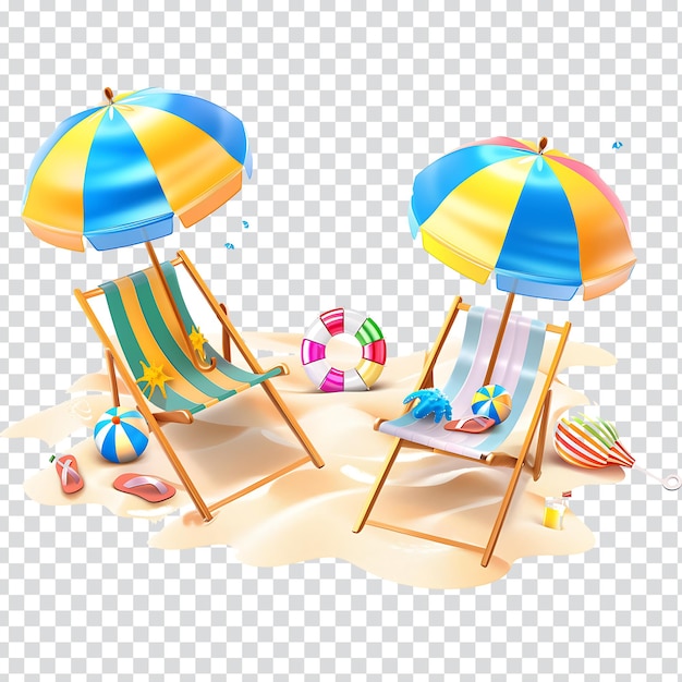 two beach chairs with beach umbrellas and a beach ball