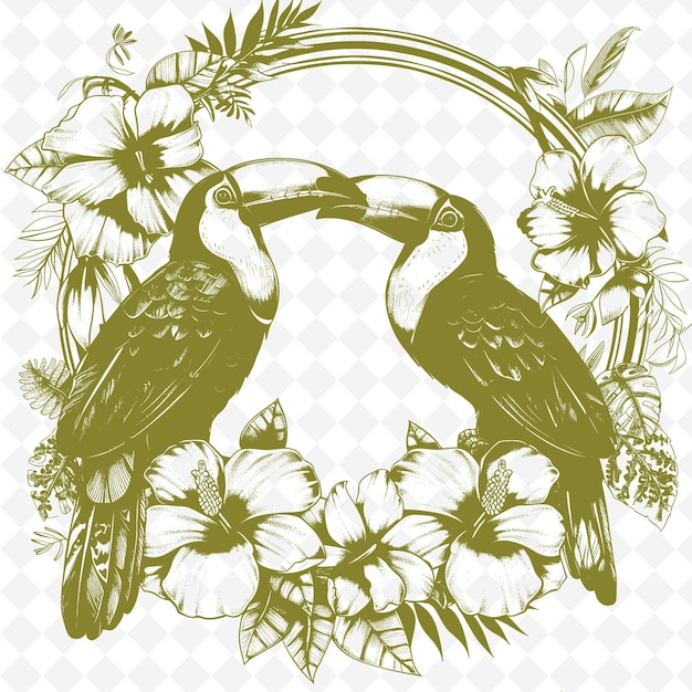 PSD two birds are sitting on a floral wreath with flowers and a picture of a bird