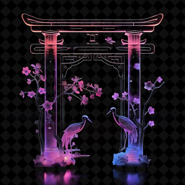 two birds are standing in front of a door with a pink and purple design