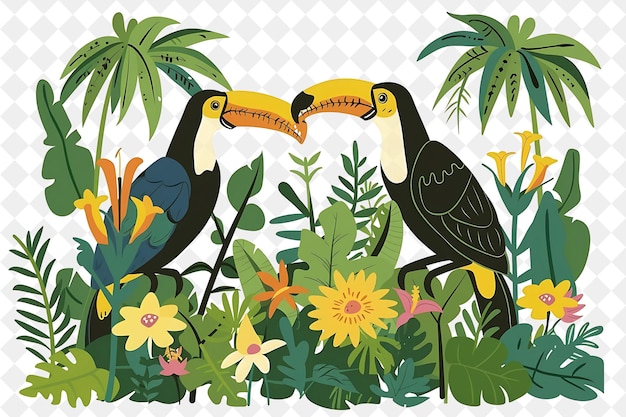 PSD two birds with yellow beaks are standing in a garden with flowers and plants