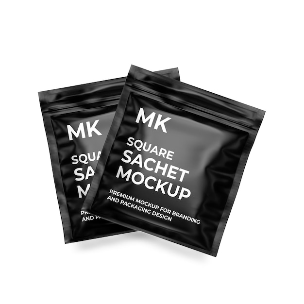 Two black bags of square sachet mockup are on a white background.