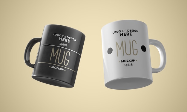 Two black and white mugs mockup on editable color background