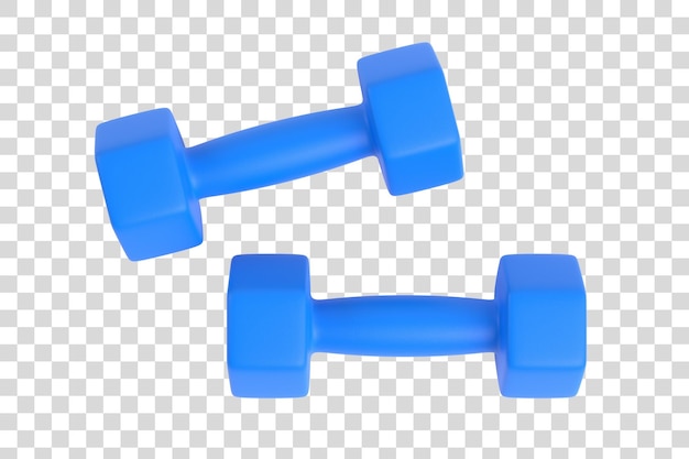 Two blue fitness dumbbells isolated on a white background Top view Gym and fitness workouts concept