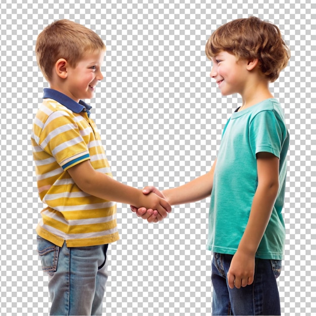 PSD two boys handshaking and smiling each other at the friendship day