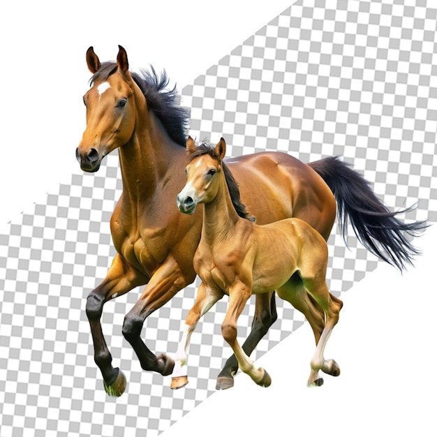 PSD two brown horses running on transparent background