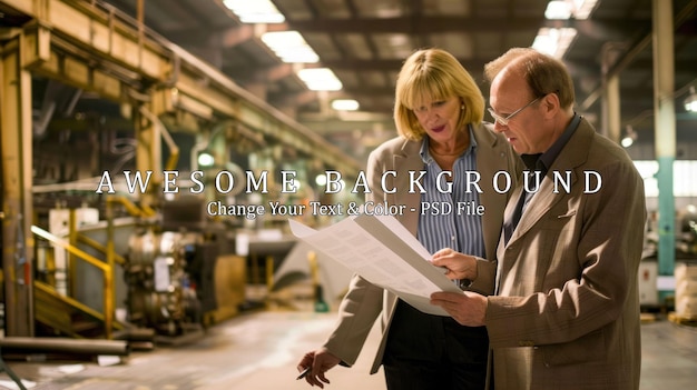 PSD two business professionals reviewing documents in a factory setting