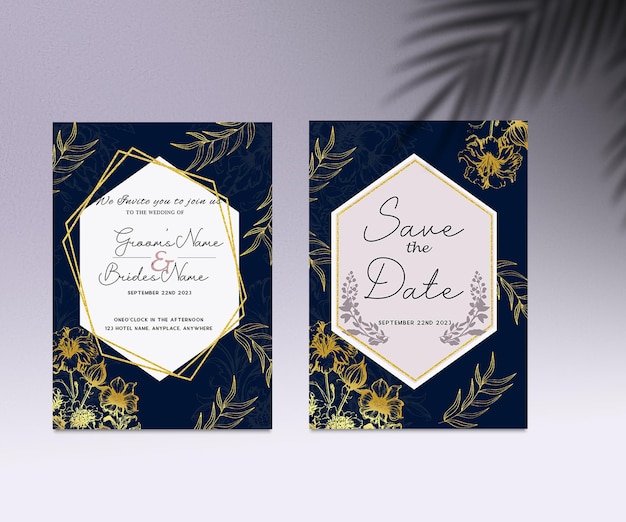 PSD two cards with gold and blue flowers on them and one says save the date.