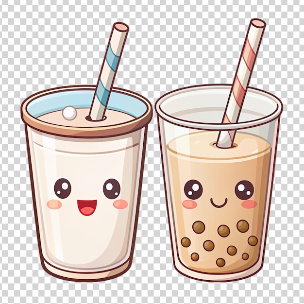 PSD two cartoon glasses of milk with straws in them on transparent background