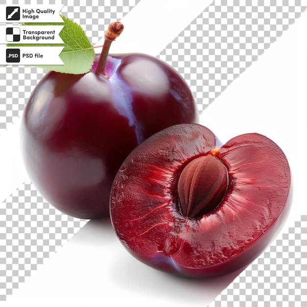 two cherries are displayed on a white background with a picture of a red apple