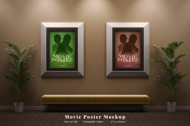 two cinema movie show poster panel display with frame on the wall realistic mockup front view