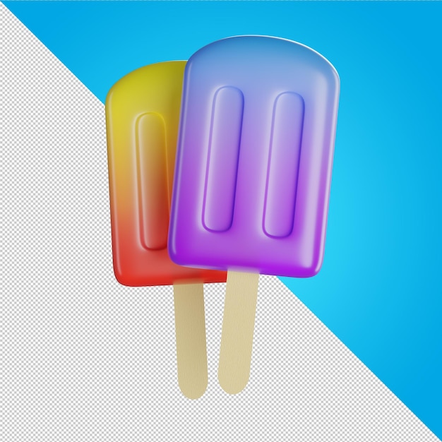 Two colored ice creams on stick Assorted ice cream with fruits on wooden stick Purple orange Frozen juice Summer cold dessert Popsicles Ice cream icon 3d illustration 3d render