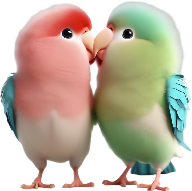 two colorful birds kissing on a white background with one being kissing