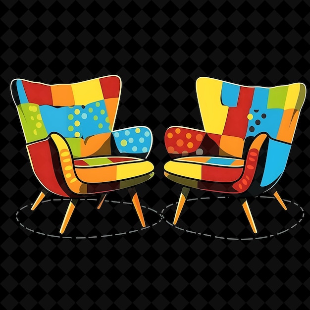 PSD two colorful chairs with a fireplace and a fire place on the bottom