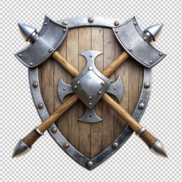 PSD two crossed swords behind blank steel shield png