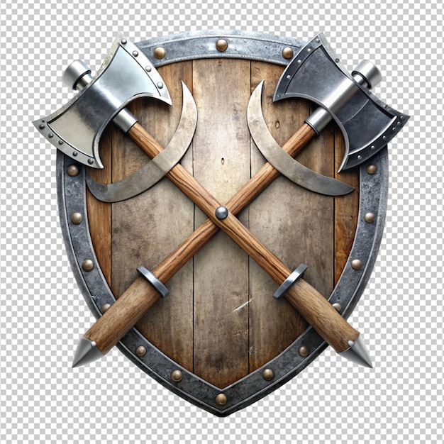 PSD two crossed swords behind blank steel shield png