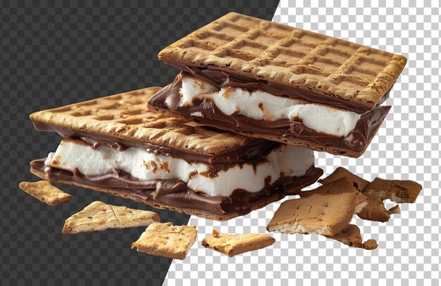 PSD two delicious chocolatecovered marshmallow smores sandwiches with crumbs cut out stock png