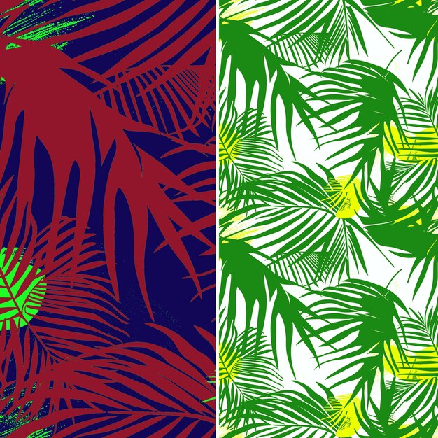 two different colors of palm trees are shown with a red and green background