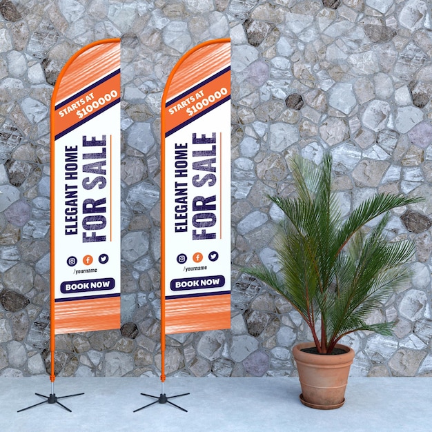 Two Feather flag banner stand mockup with plant