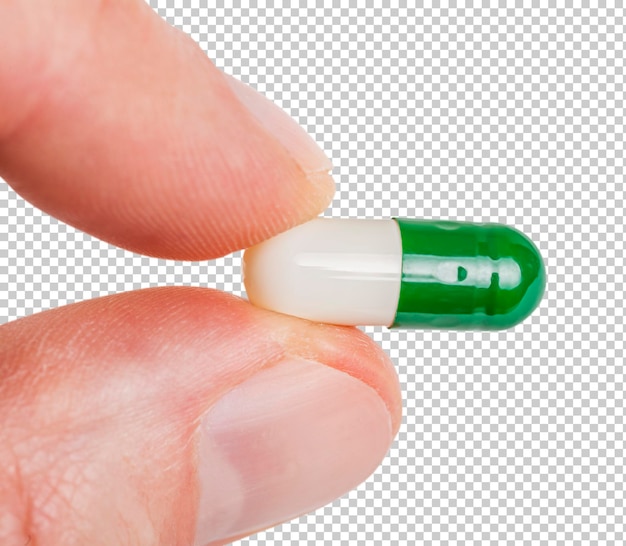 PSD two fingers hold the capsule pill medicine concept isolated on transparent background