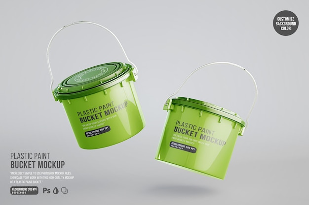 Two Floating Plastic paint buckets packaging mockup template